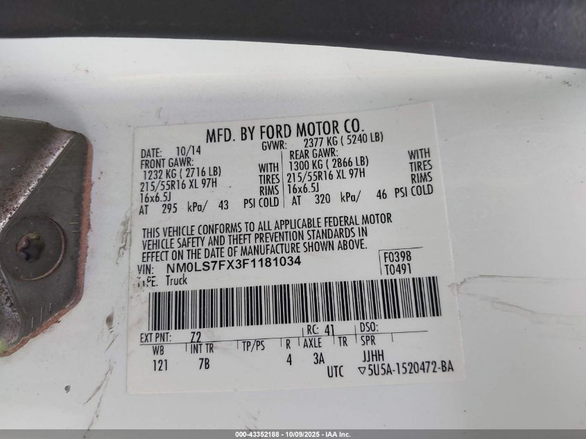 2015 Ford Transit Connect Xlt VIN: NM0LS7FX3F1181034 Lot: 43352188