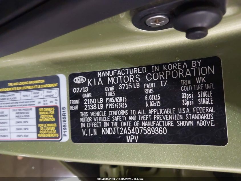 2013 Kia Soul VIN: KNDJT2A54D7589360 Lot: 43352193