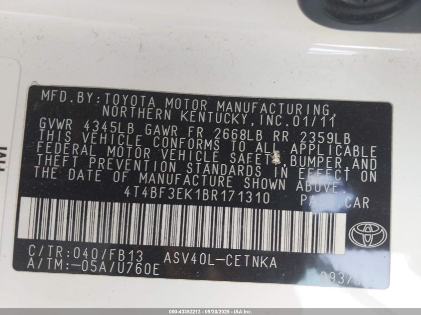 2011 Toyota Camry Le VIN: 4T4BF3EK1BR171310 Lot: 43352213