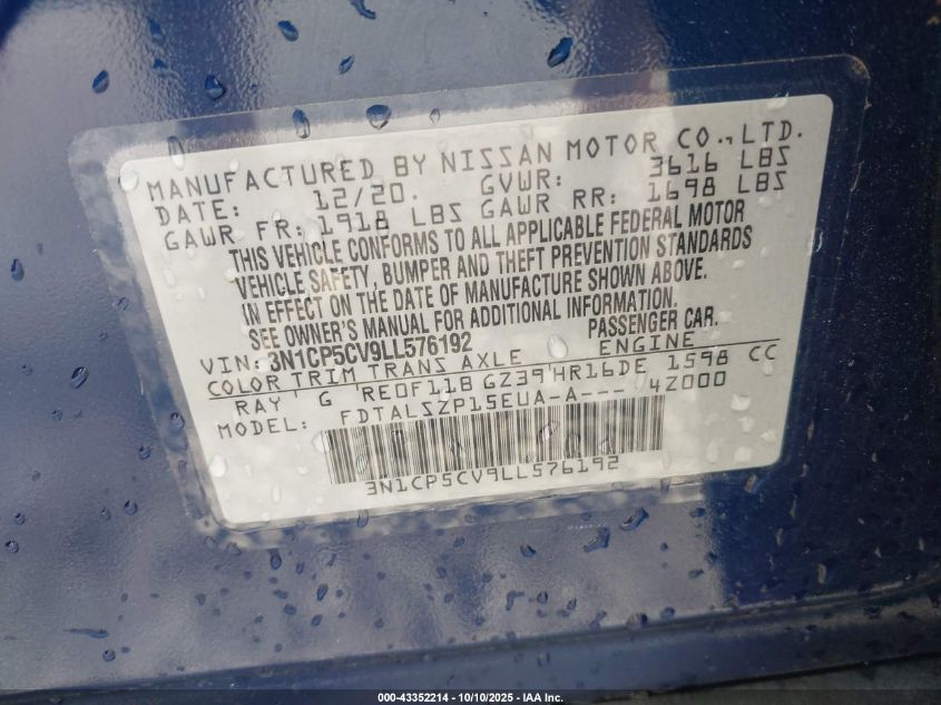 2020 Nissan Kicks Sv Xtronic Cvt VIN: 3N1CP5CV9LL576192 Lot: 43352214