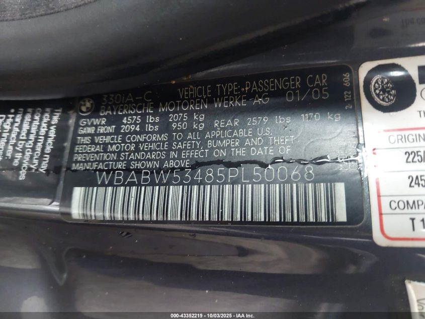 2005 BMW 330Ci VIN: WBABW53485PL50068 Lot: 43352219