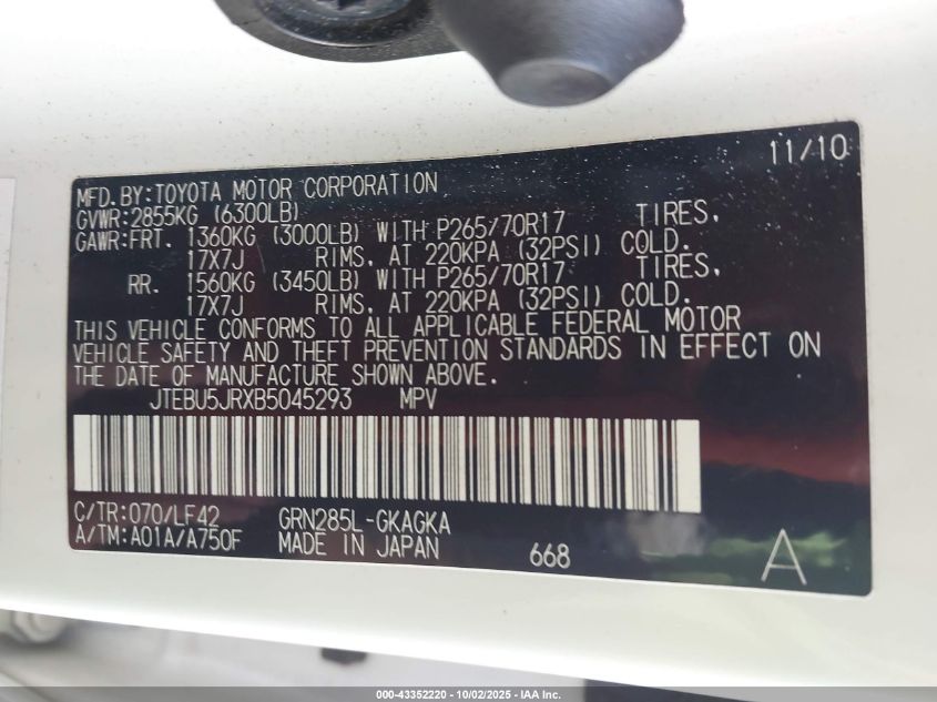 2011 Toyota 4Runner Sr5 V6 VIN: JTEBU5JRXB5045293 Lot: 43352220