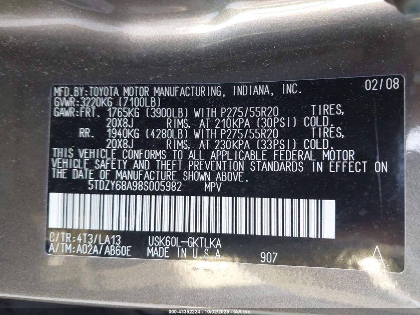 2008 Toyota Sequoia Limited 5.7L V8 VIN: 5TDZY68A98S005982 Lot: 43352224