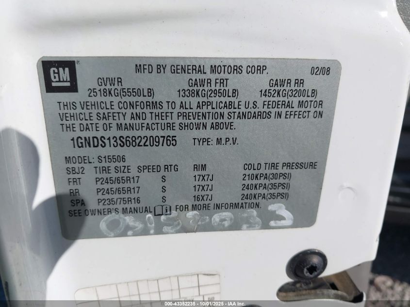 2008 Chevrolet Trailblazer Fleet VIN: 1GNDS13S682209765 Lot: 43352235
