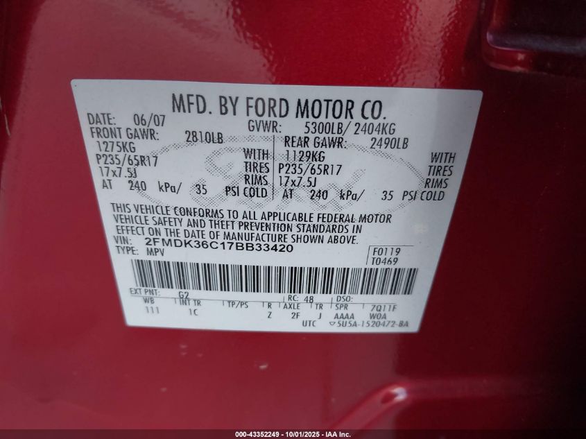 2007 Ford Edge Se VIN: 2FMDK36C17BB33420 Lot: 43352249