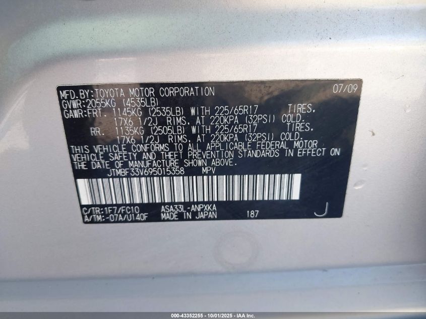 2009 Toyota Rav4 VIN: JTMBF33V695015358 Lot: 43352255