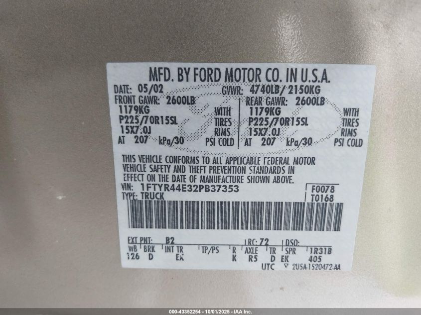 2002 Ford Ranger Xlt VIN: 1FTYR44E32PB37353 Lot: 43407563