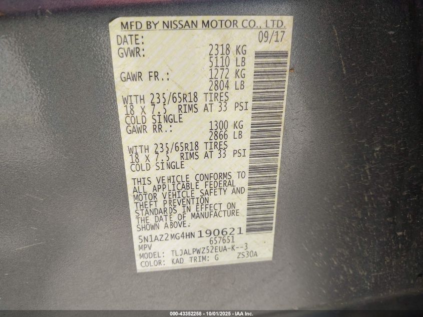 2017 Nissan Murano S VIN: 5N1AZ2MG4HN190621 Lot: 43352258