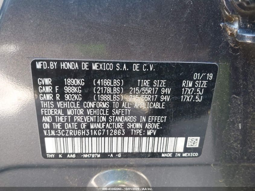 2019 Honda Hr-V Lx VIN: 3CZRU6H31KG712863 Lot: 43352263