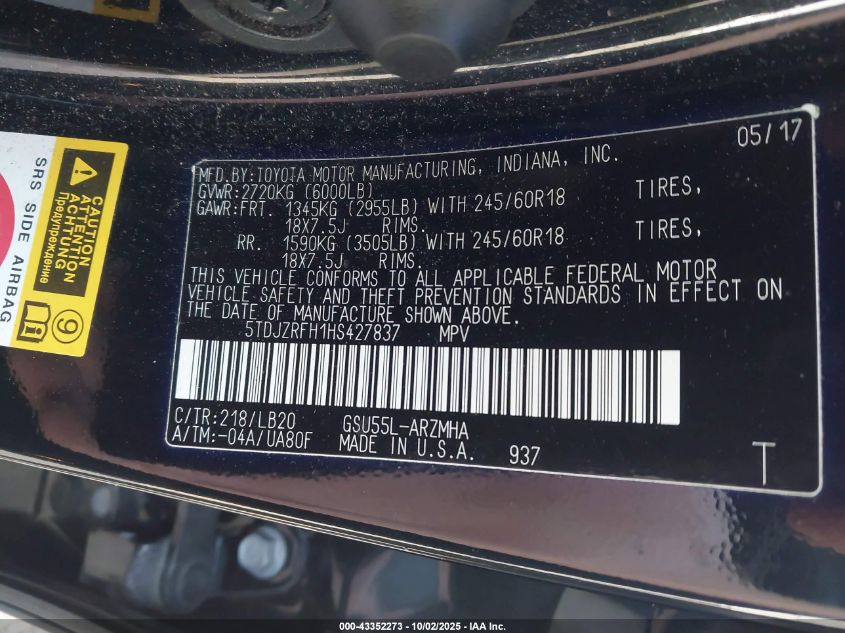 2017 Toyota Highlander Xle VIN: 5TDJZRFH1HS427837 Lot: 43352273