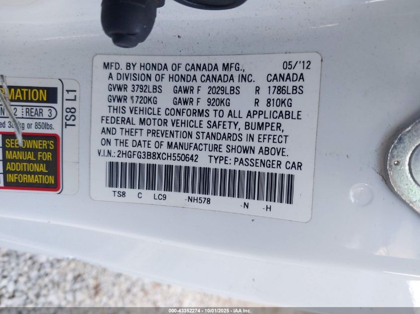 2012 Honda Civic Ex VIN: 2HGFG3B8XCH550642 Lot: 43352274