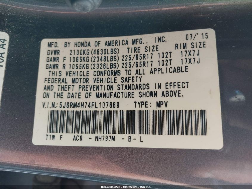 2015 Honda Cr-V Ex-L VIN: 5J6RM4H74FL107669 Lot: 43352278