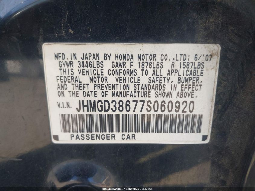 2007 Honda Fit Sport VIN: JHMGD38677S060920 Lot: 43352283