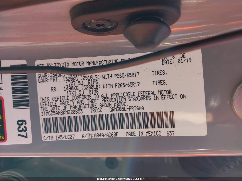 2019 Toyota Tacoma Trd Sport VIN: 3TMCZ5AN8KM220853 Lot: 43352285