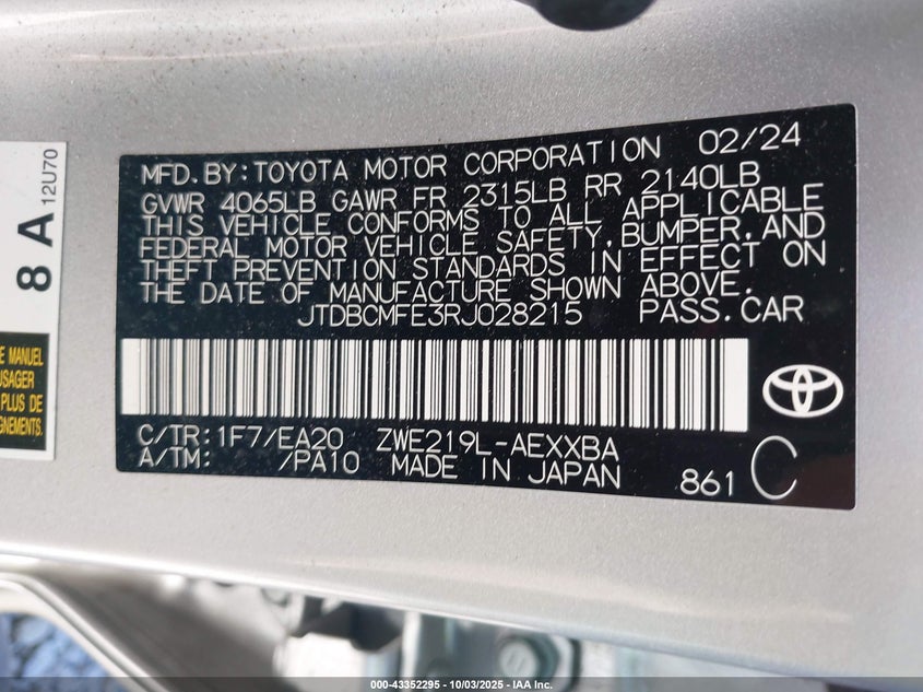 2024 TOYOTA COROLLA HYBRID XLE JTDBCMFE3RJ028215