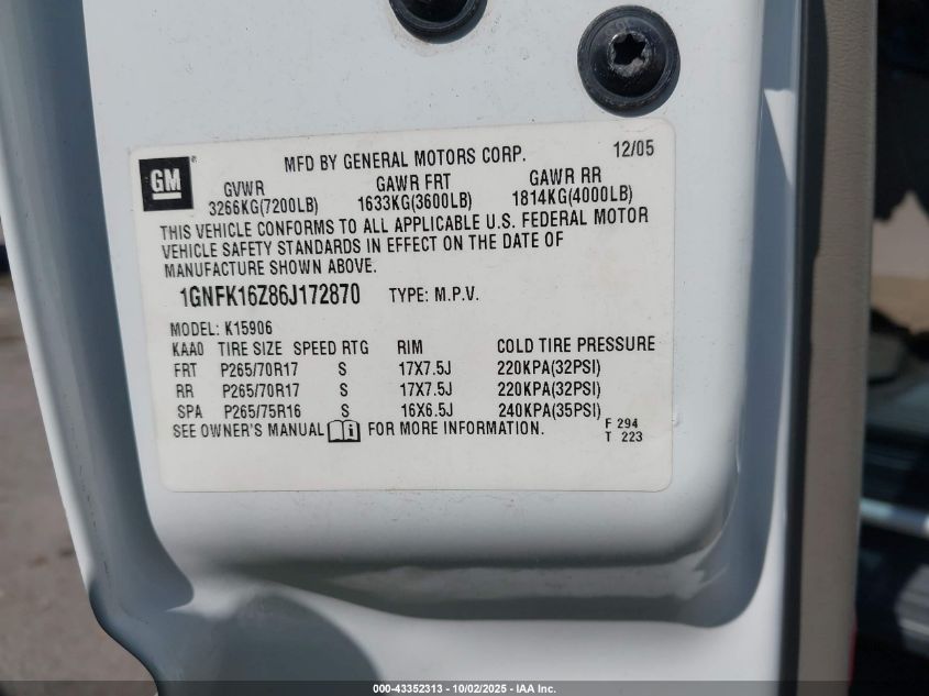 2006 Chevrolet Suburban 1500 Lt VIN: 1GNFK16Z86J172870 Lot: 43352313