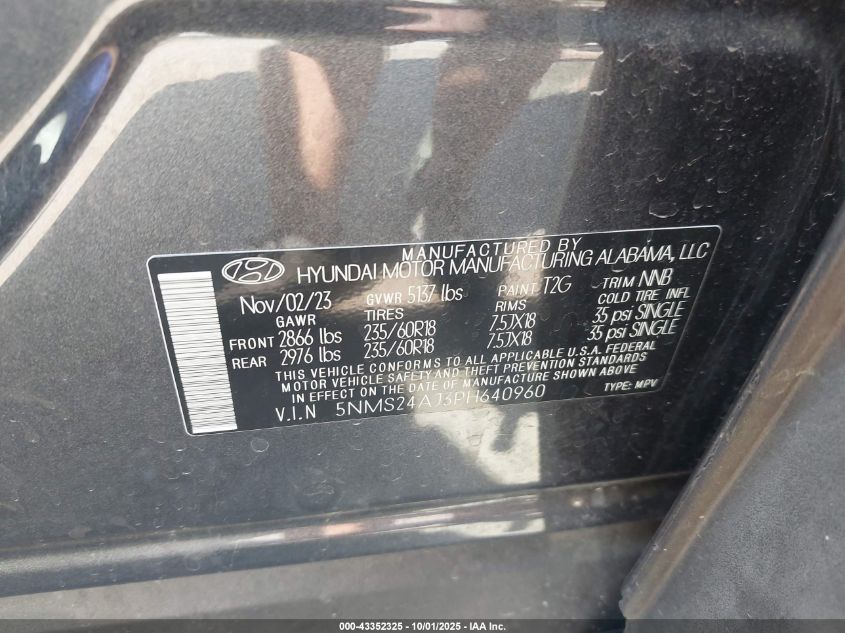 2023 Hyundai Santa Fe Sel VIN: 5NMS24AJ3PH640960 Lot: 43352325