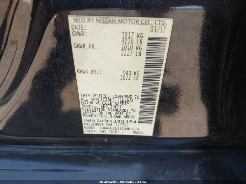 2017 Nissan Altima 2.5 Sr VIN: 1N4AL3AP9HN349364 Lot: 43352328