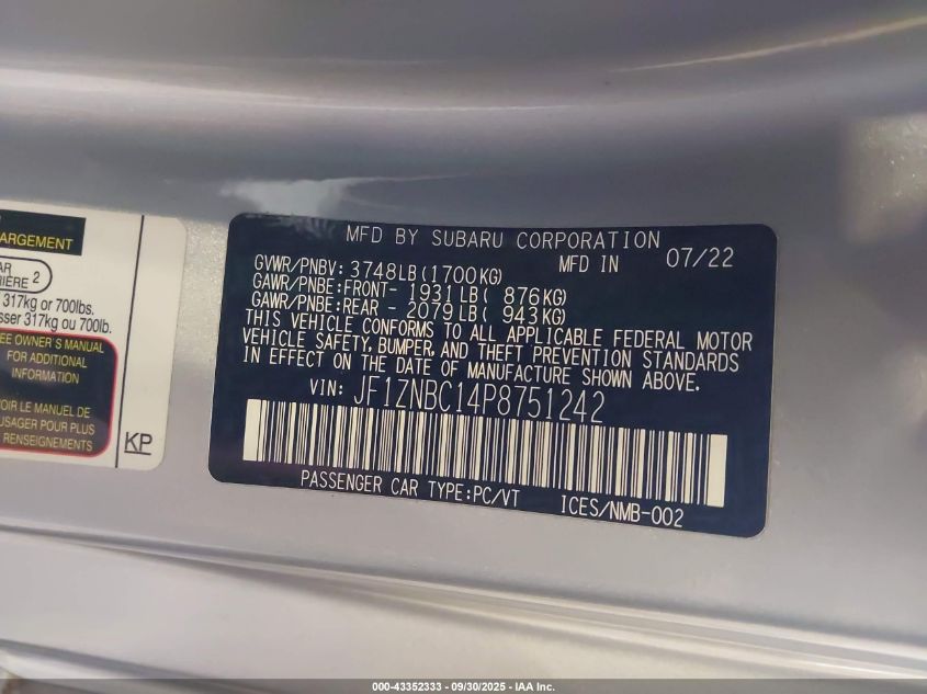 2023 Toyota Gr86 VIN: JF1ZNBC14P8751242 Lot: 43352333