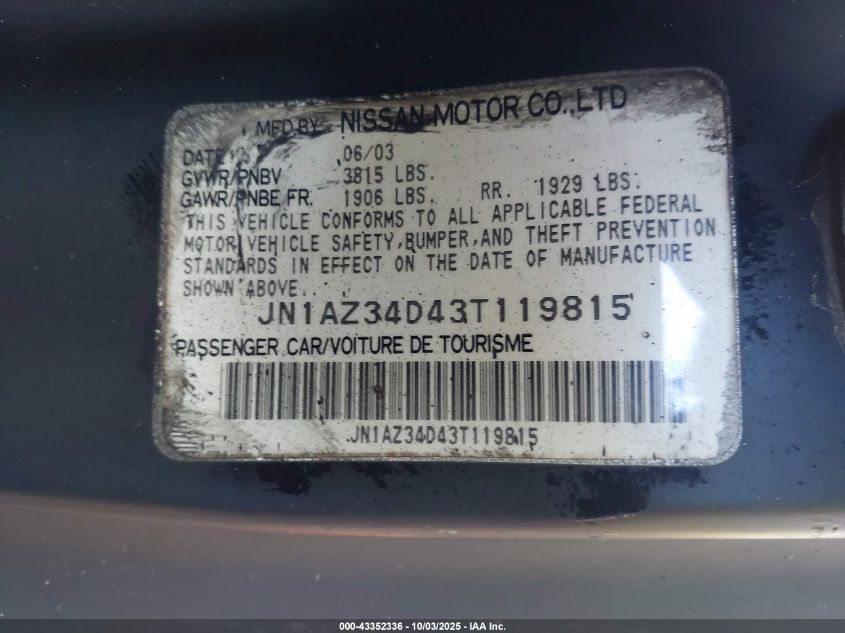 2003 Nissan 350Z Performance VIN: JN1AZ34D43T119815 Lot: 43352336