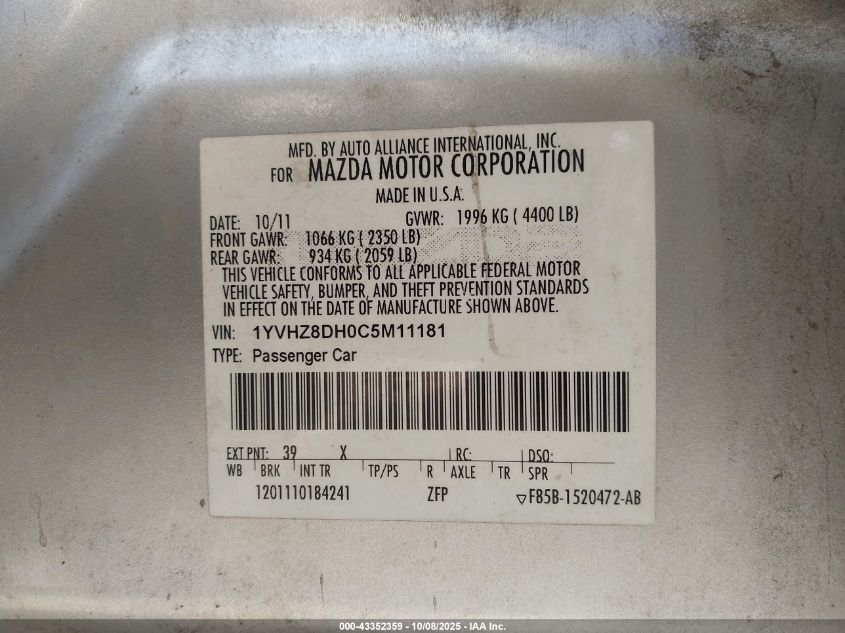 2012 Mazda Mazda6 I Touring VIN: 1YVHZ8DH0C5M11181 Lot: 43352359