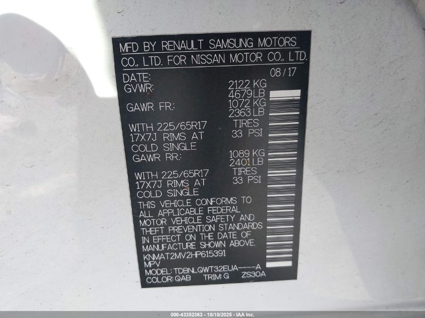 2017 Nissan Rogue Sv VIN: KNMAT2MV2HP615391 Lot: 43352363