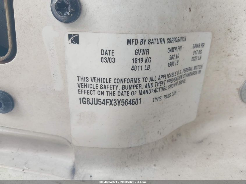 2003 Saturn L-Series L200 VIN: 1G8JU54FX3Y564601 Lot: 43352371