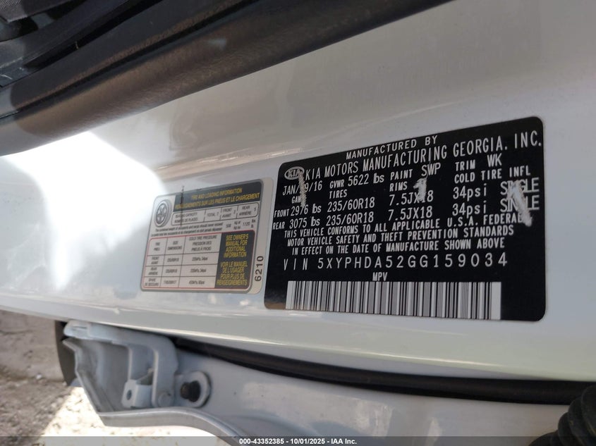 2016 KIA SORENTO 3.3L EX 5XYPHDA52GG159034