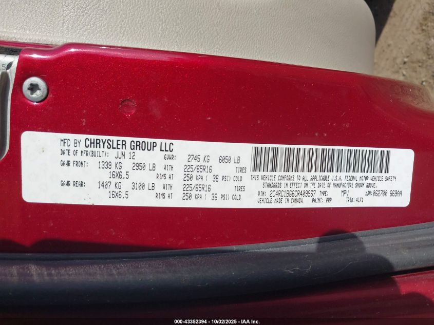 2012 Chrysler Town & Country Touring VIN: 2C4RC1BG6CR409967 Lot: 43352394