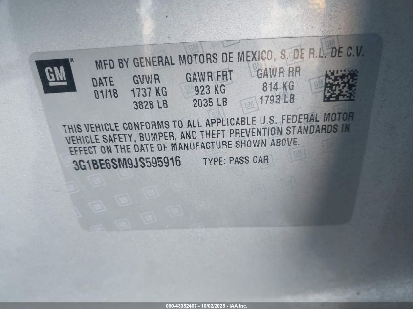 2018 Chevrolet Cruze Lt Auto VIN: 3G1BE6SM9JS595916 Lot: 43352407