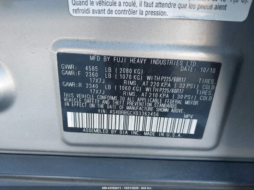 2011 Subaru Outback 2.5I Premium VIN: 4S4BRBGCXB3362456 Lot: 43352411