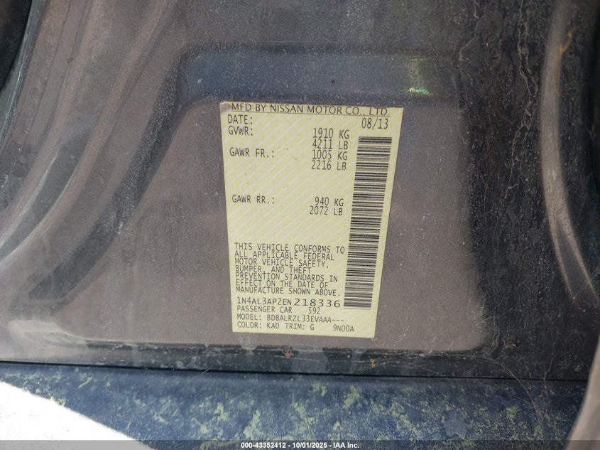 2014 Nissan Altima 2.5 S VIN: 1N4AL3AP2EN218336 Lot: 43352412