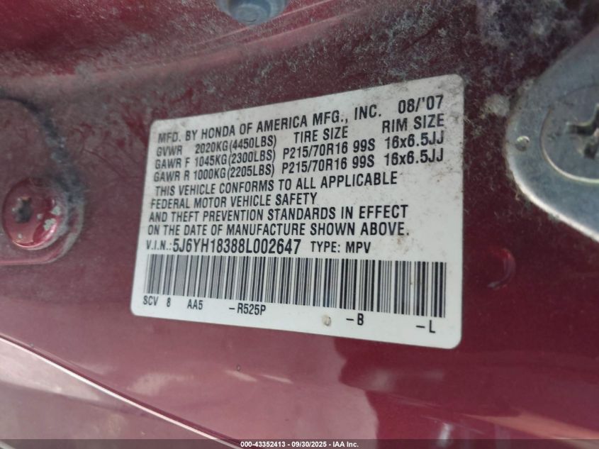 2008 Honda Element Lx VIN: 5J6YH18388L002647 Lot: 43352413