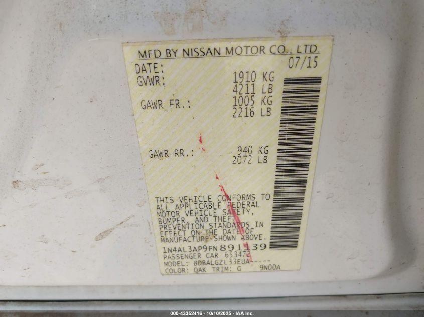 2015 Nissan Altima 2.5/2.5 S/2.5 Sl/2.5 Sv VIN: 1N4AL3AP9FN891139 Lot: 43352416