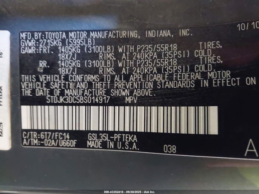 2011 Toyota Sienna Le VIN: 5TDJK3DC5BS014917 Lot: 43352418