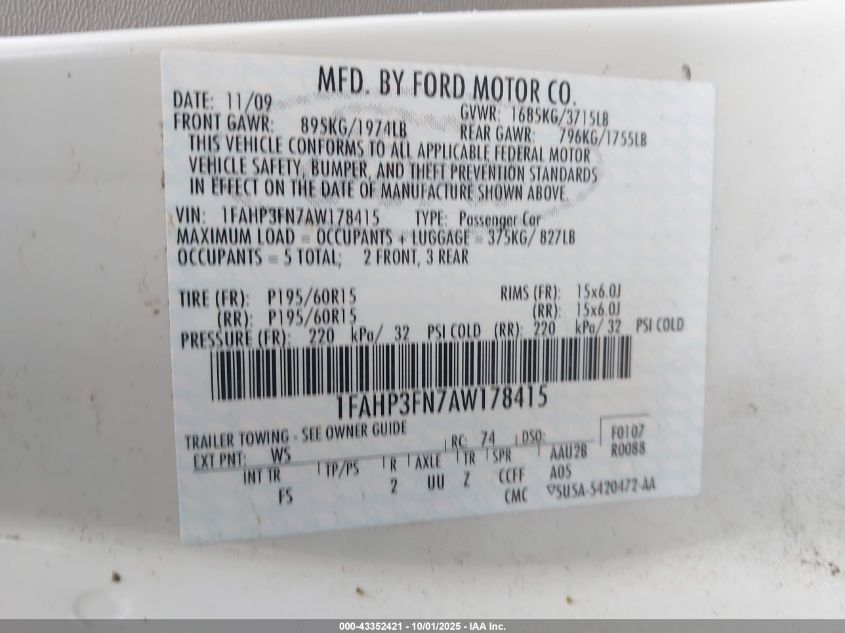 2010 Ford Focus Se VIN: 1FAHP3FN7AW178415 Lot: 43352421