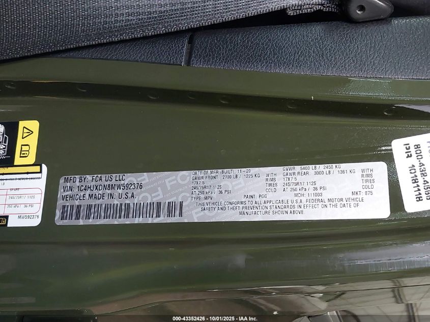 2021 Jeep Wrangler Unlimited Sport S 4X4 VIN: 1C4HJXDN8MW592376 Lot: 43352426