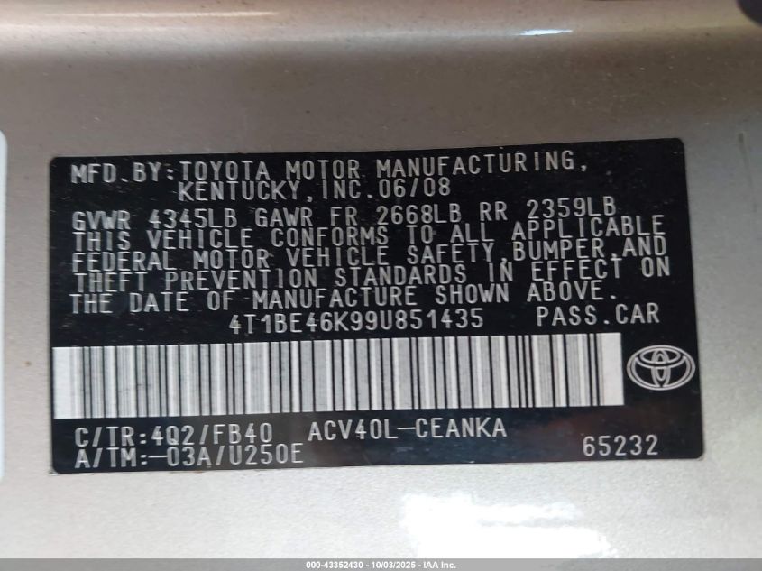 2009 Toyota Camry Le VIN: 4T1BE46K99U851435 Lot: 43352430