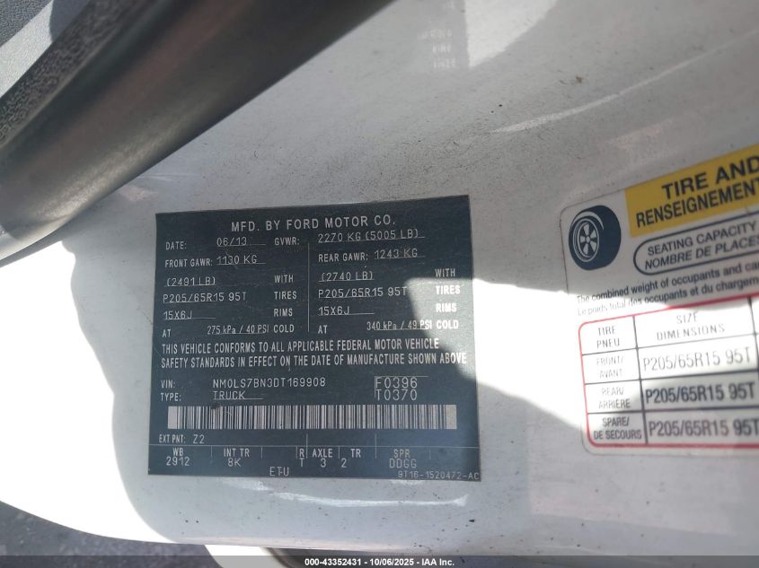 2013 Ford Transit Connect Xlt VIN: NM0LS7BN3DT169908 Lot: 43352431