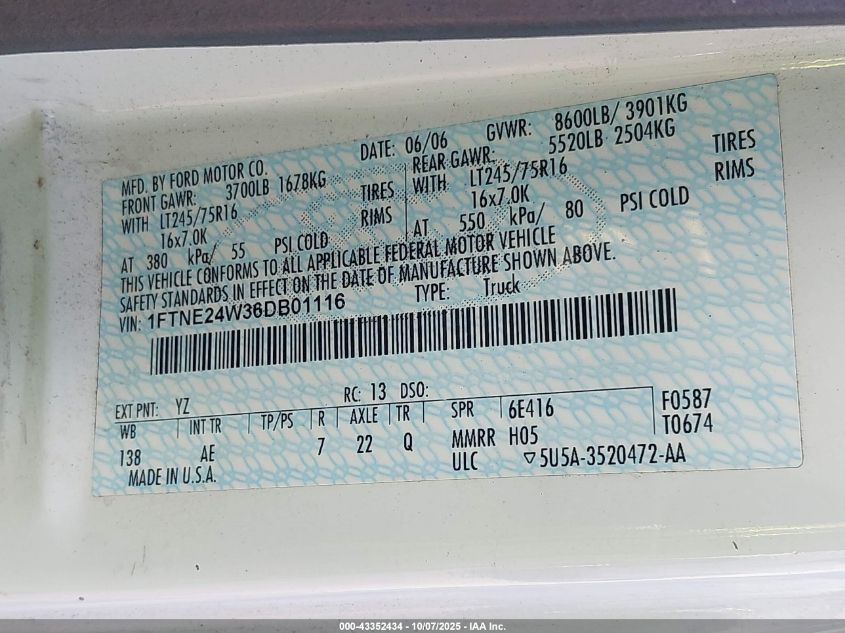 2006 Ford E-250 Commercial/Recreational VIN: 1FTNE24W36DB01116 Lot: 43352434