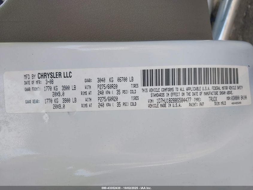 2008 Dodge Ram 1500 Slt VIN: 1D7HU18288S584477 Lot: 43352438