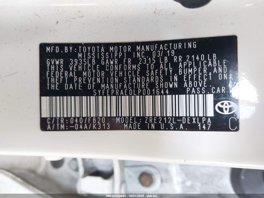 2020 Toyota Corolla Le VIN: 5YFEPRAE0LP001644 Lot: 43352445