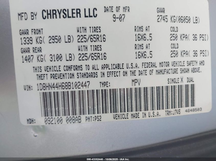 2008 Dodge Grand Caravan Se VIN: 1D8HN44H68B102447 Lot: 43352446