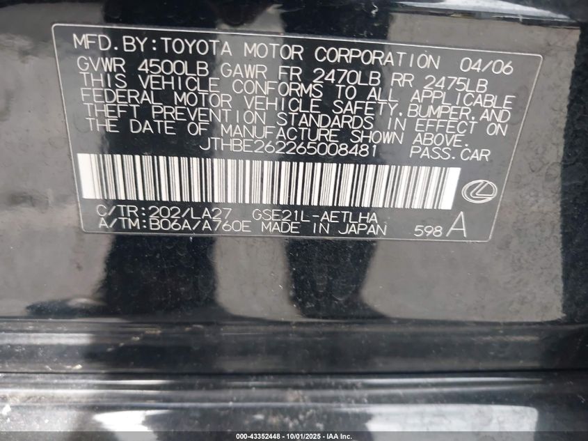 2006 Lexus Is 350 VIN: JTHBE262265008481 Lot: 43352448
