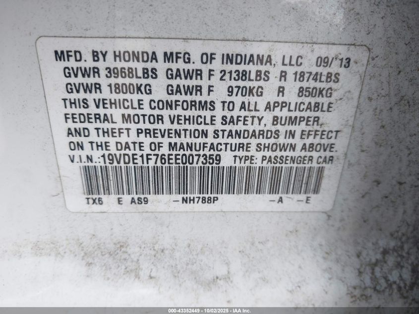 2014 Acura Ilx 2.0L VIN: 19VDE1F76EE007359 Lot: 43352449