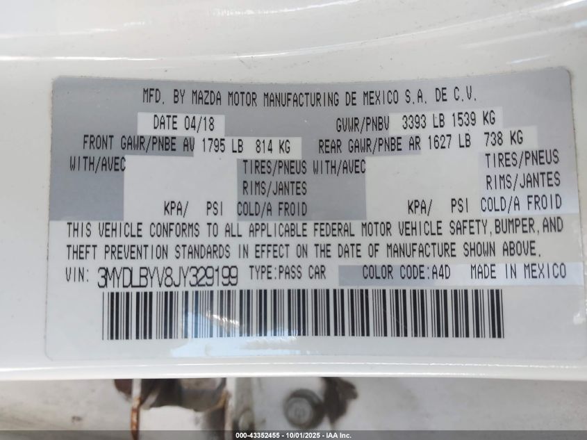2018 Toyota Yaris Ia VIN: 3MYDLBYV8JY329199 Lot: 43352455