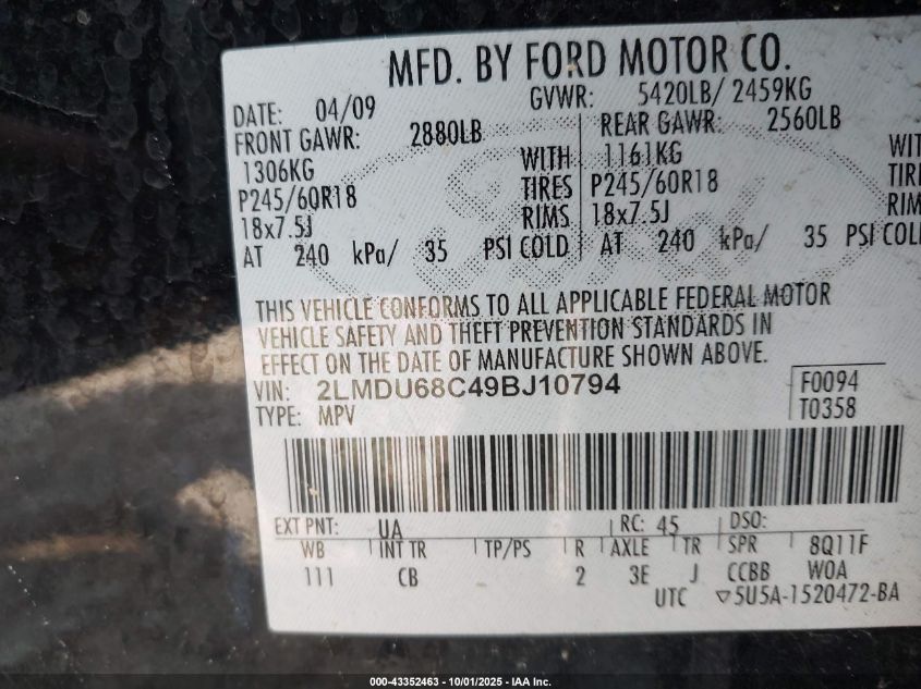 2009 Lincoln Mkx VIN: 2LMDU68C49BJ10794 Lot: 43352463