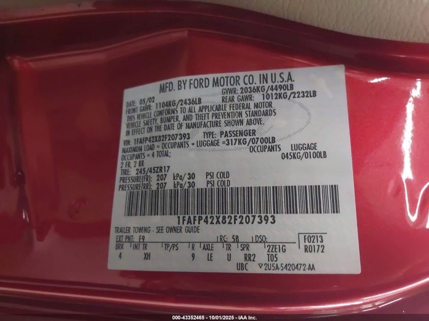 2002 Ford Mustang Gt VIN: 1FAFP42X82F207393 Lot: 43352465
