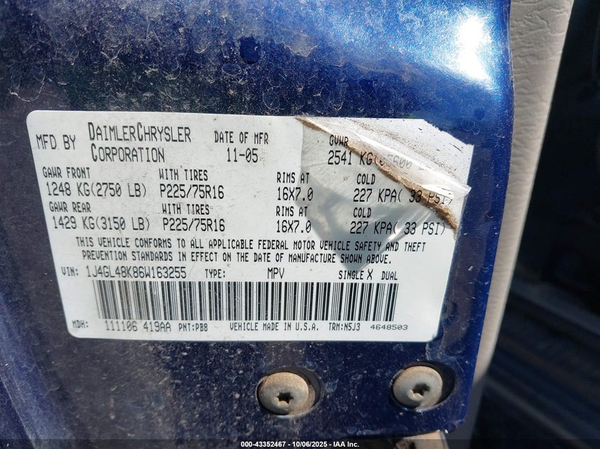 2006 Jeep Liberty Sport VIN: 1J4GL48K86W163255 Lot: 43352467