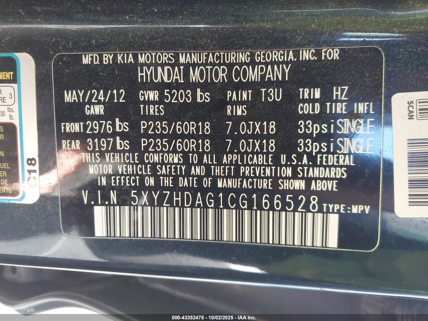 2012 Hyundai Santa Fe Se VIN: 5XYZHDAG1CG166528 Lot: 43352478